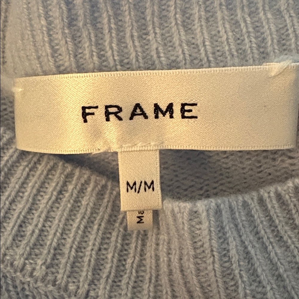 FRAME Ruched Puff Sleeve Light Blue Cashmere Sweater - Picture 5 of 7